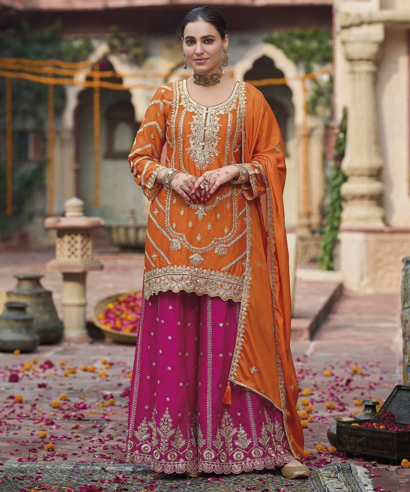 Orange color ethnic chinon fabric partywear ceremonial attire