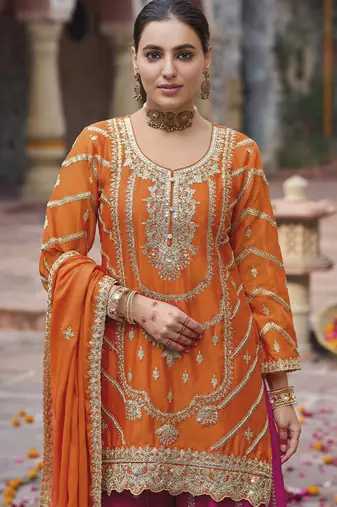 Orange color chinon partywear ceremonial attire