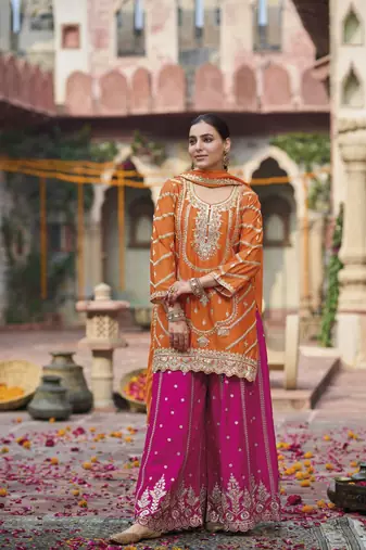 Orange color chinon partywear ceremonial attire