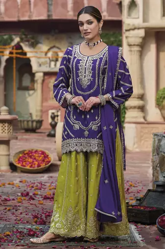 Purple color ethnic chinon fabric partywear ceremonial attire