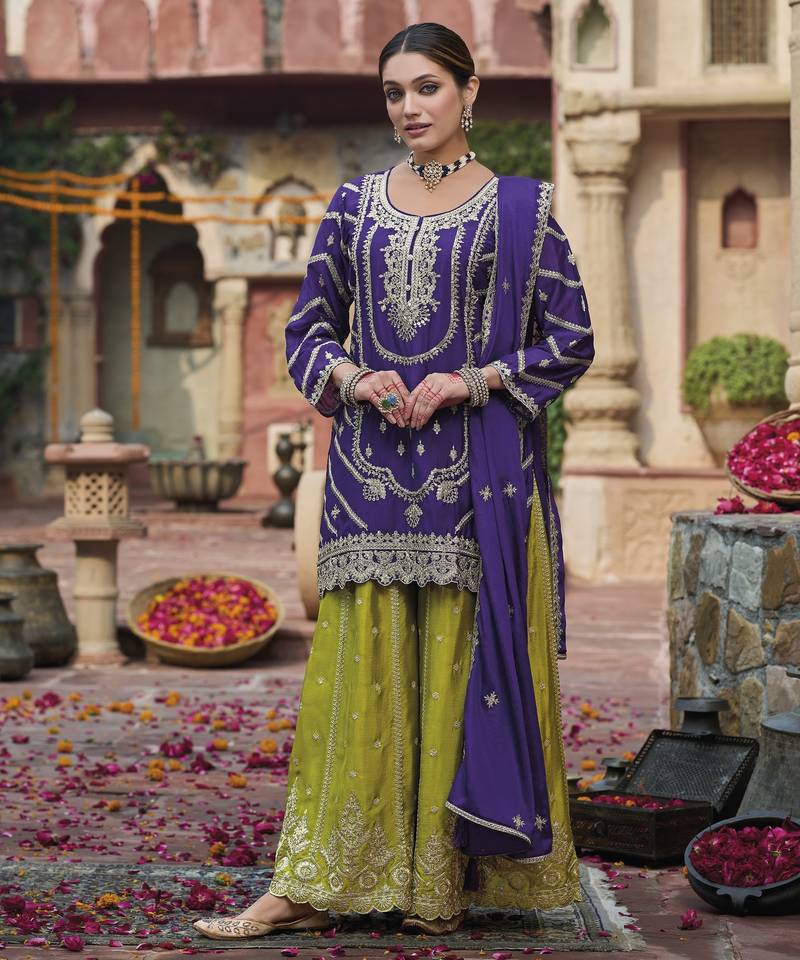 Purple color ethnic chinon fabric partywear ceremonial attire