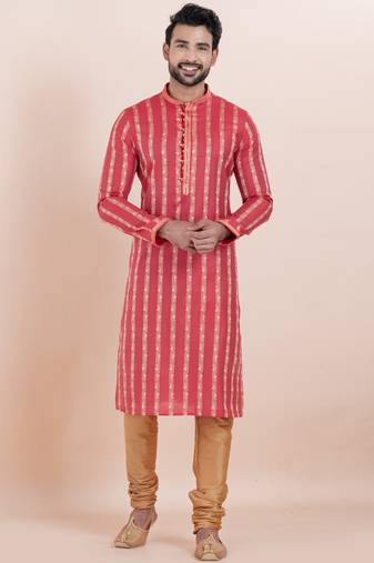 Red color cotton silk jacquard premium designer festive wear kurta pyjama set