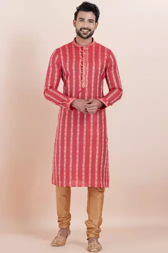 Red color cotton silk jacquard premium designer festive wear kurta pyjama set