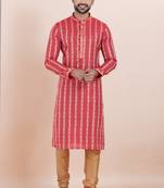 Red color cotton silk jacquard premium designer festive wear kurta pyjama set