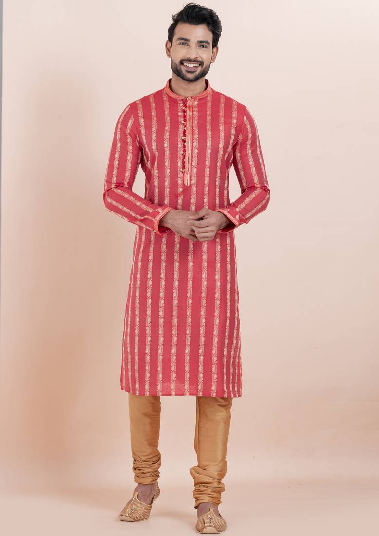 Red color cotton silk jacquard premium designer festive wear kurta pyjama set