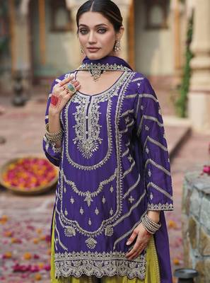 Purple color chinon partywear ceremonial attire 2