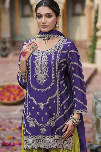 Purple color chinon partywear ceremonial attire