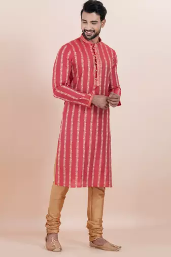 Red color cotton silk jacquard premium designer festive wear kurta pyjama set