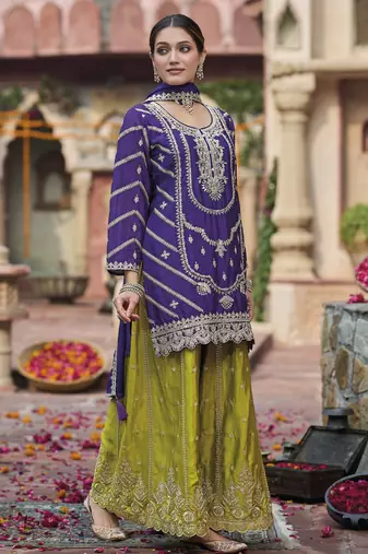 Purple color chinon partywear ceremonial attire