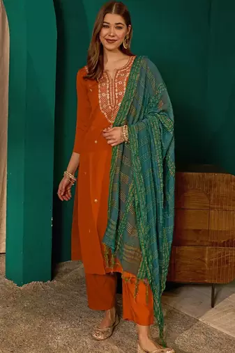 Rust color rich girlie looks silk slub fabric embroidered readymade partywear suit for girl