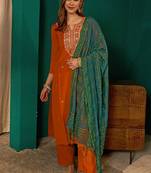 Rust color rich girlie looks silk slub fabric embroidered readymade partywear suit for girl