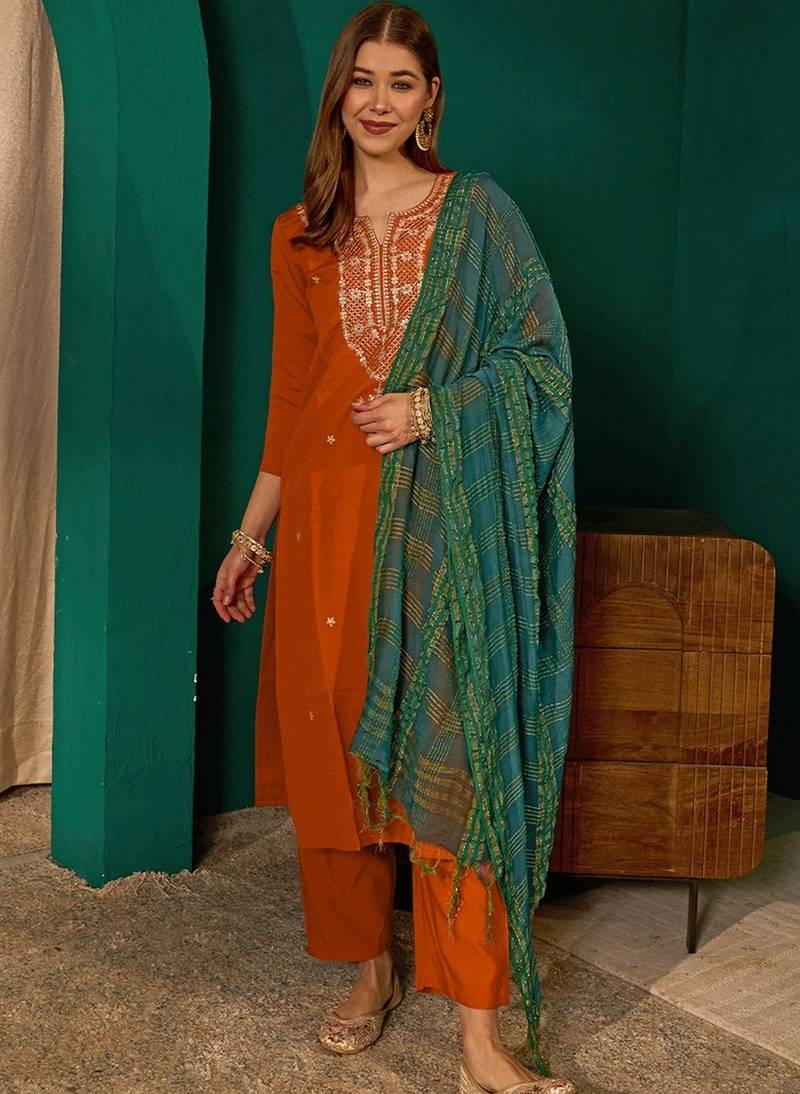 Rust color rich girlie looks silk slub fabric embroidered readymade partywear suit for girl