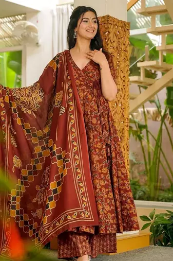 Rust color muslin fabric designer digital printed palazzo dress