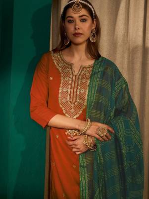 Rust color rich looks silk slub embroidered readymade partywear suit for girl 3