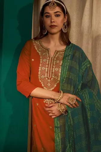 Rust color rich looks silk slub embroidered readymade partywear suit for girl