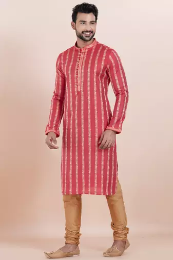 Red color cotton silk jacquard premium designer festive wear kurta pyjama set