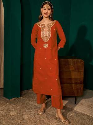 Rust color rich looks silk slub embroidered readymade partywear suit for girl 4