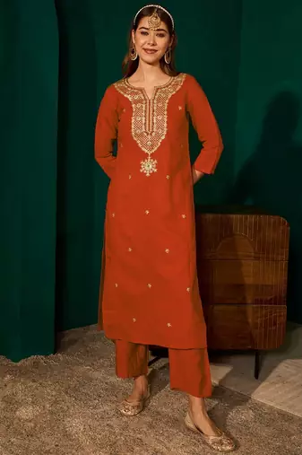 Rust color rich looks silk slub embroidered readymade partywear suit for girl