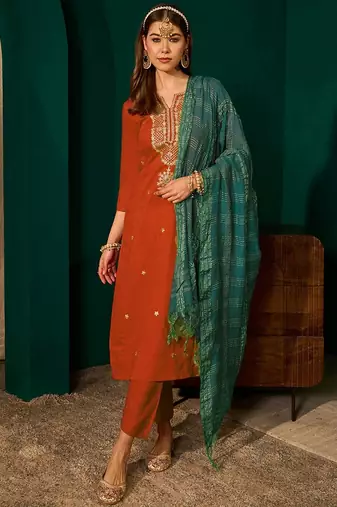 Rust color rich looks silk slub embroidered readymade partywear suit for girl