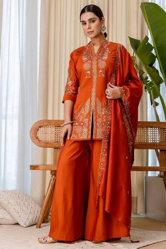 Rust color beautiful embroidered graceful partywear ceremonial suit
