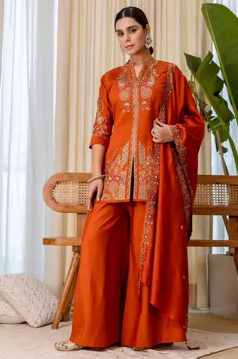 Rust color beautiful embroidered graceful partywear ceremonial suit