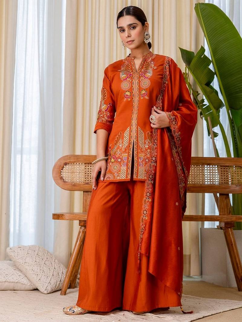 Rust color beautiful embroidered graceful partywear ceremonial suit