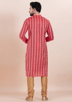 Red color cotton silk jacquard premium designer festive wear kurta pyjama set 4