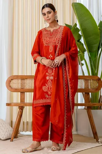 Rust color beautiful silk blend embroidered work fancy kurta set