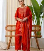 Rust color beautiful silk blend embroidered work fancy kurta set
