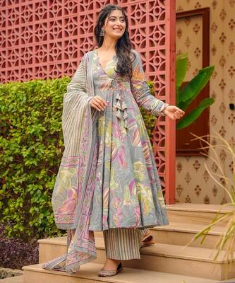 Grey color muslin digital printed palazzo dress 1