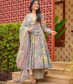 Grey color muslin fabric designer digital printed palazzo dress