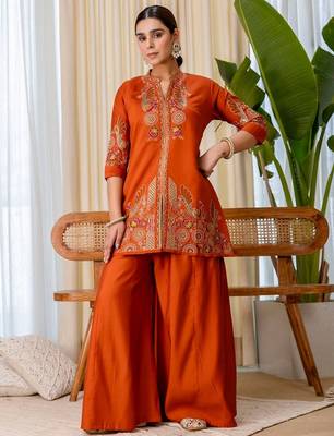 Rust color beautiful embroidered graceful partywear ceremonial suit 2