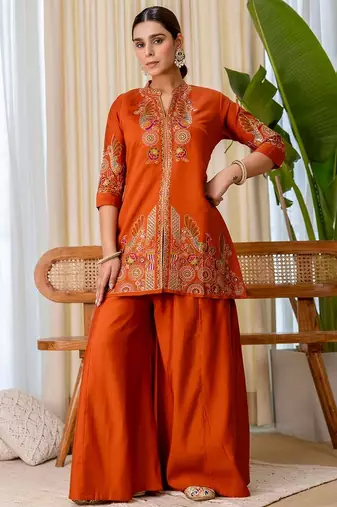 Rust color beautiful embroidered graceful partywear ceremonial suit