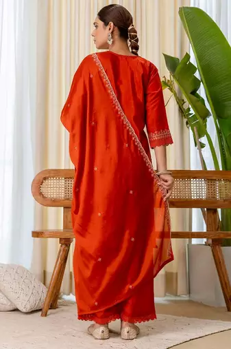 Rust color beautiful silk blend embroidered fancy kurta set