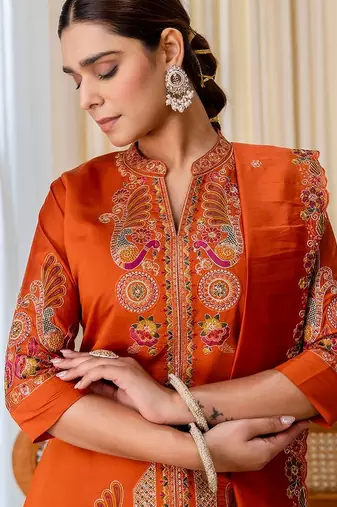 Rust color beautiful embroidered graceful partywear ceremonial suit