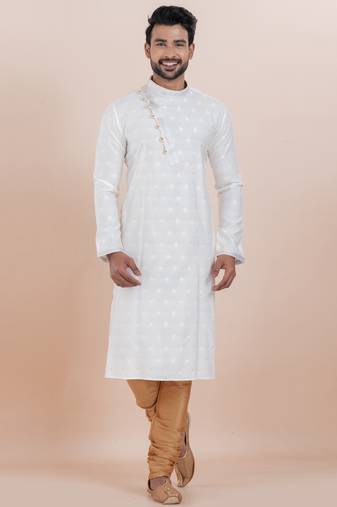 White cotton silk jacquard premium designer festive wear kurta pyjama set