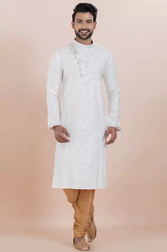 White cotton silk jacquard premium designer festive wear kurta pyjama set