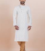 White cotton silk jacquard premium designer festive wear kurta pyjama set