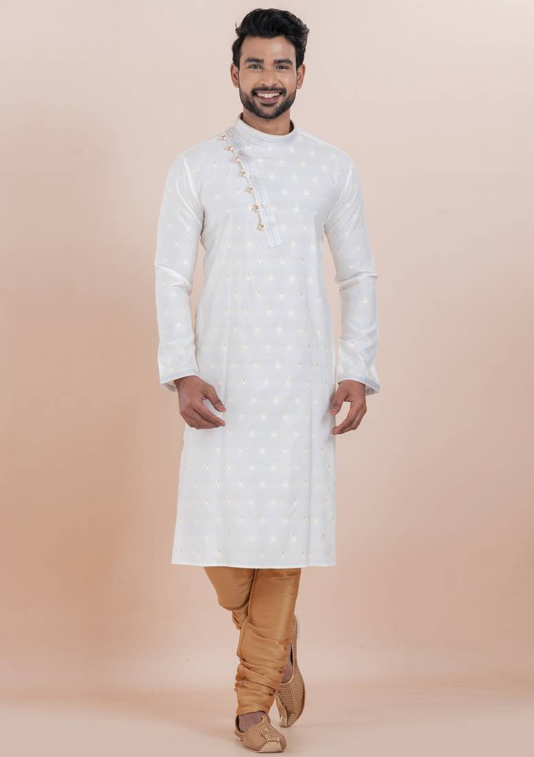 White cotton silk jacquard premium designer festive wear kurta pyjama set