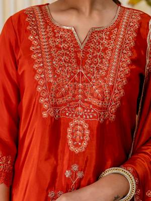 Rust color beautiful silk blend embroidered fancy kurta set 3