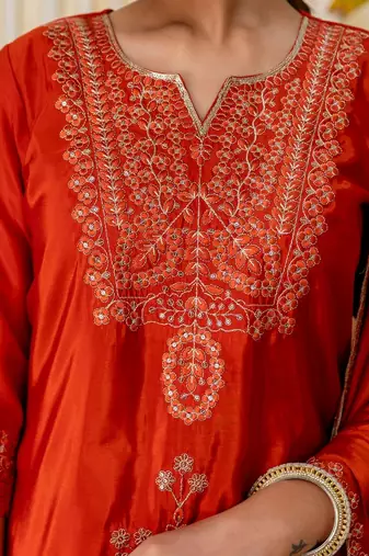 Rust color beautiful silk blend embroidered fancy kurta set