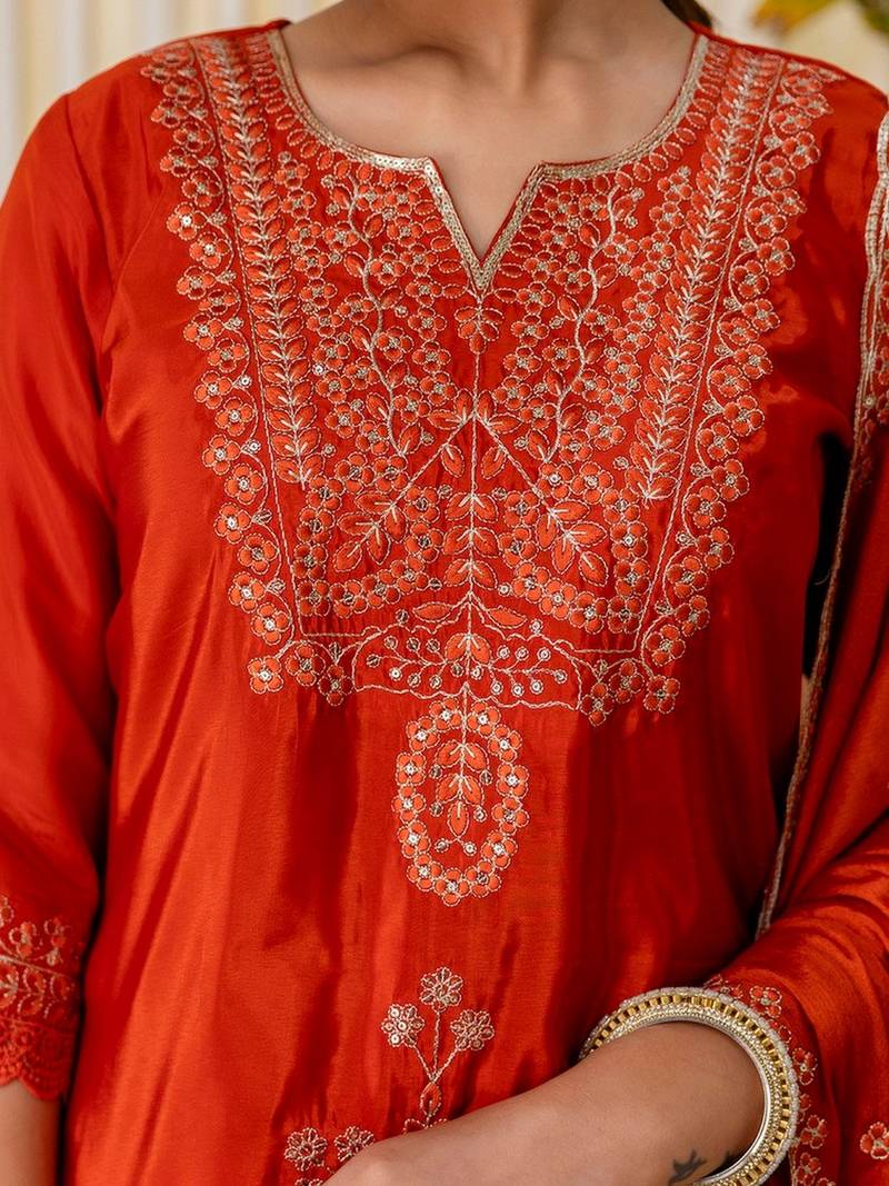 Rust color beautiful silk blend embroidered work fancy kurta set
