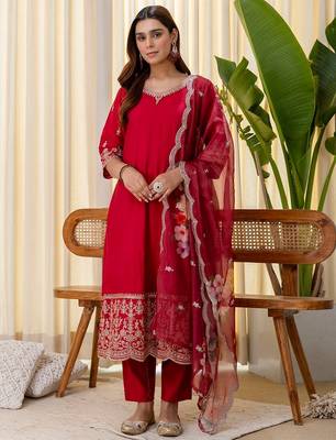 Cherry color beautiful silk blend embroidered fancy kurta set 1