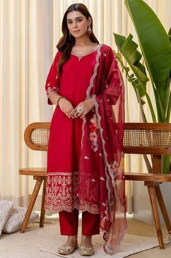 Cherry color beautiful silk blend embroidered work fancy kurta set