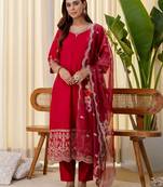 Cherry color beautiful silk blend embroidered work fancy kurta set