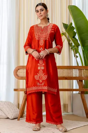 Rust color beautiful silk blend embroidered fancy kurta set