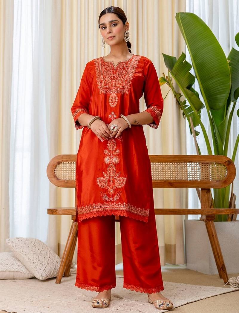 Rust color beautiful silk blend embroidered work fancy kurta set