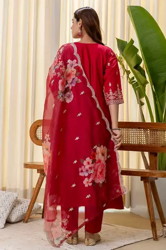 Cherry color beautiful silk blend embroidered fancy kurta set