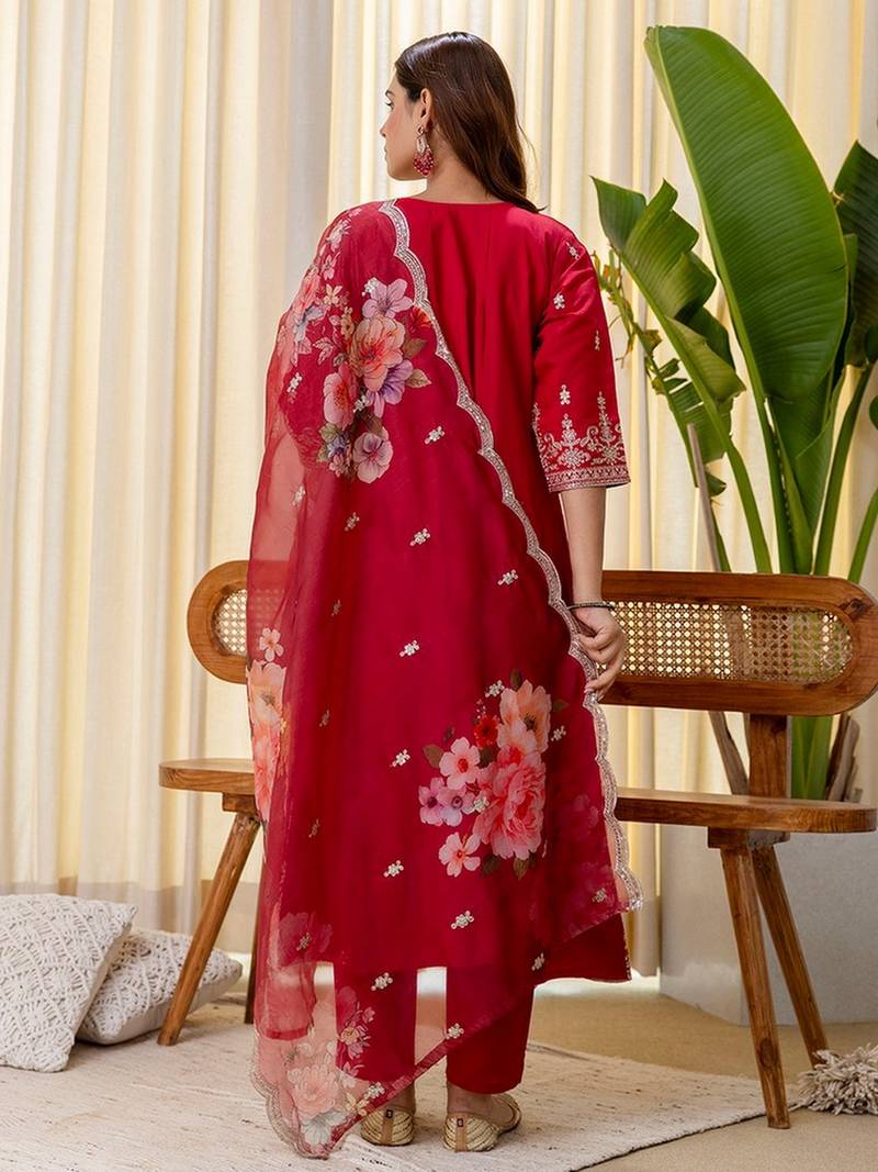Cherry color beautiful silk blend embroidered work fancy kurta set