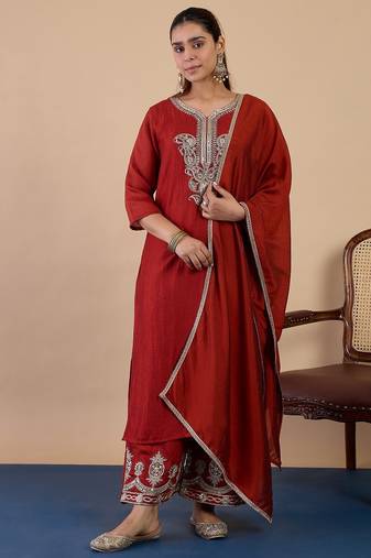 Rust color silk blended graceful partywear readymade kurta set